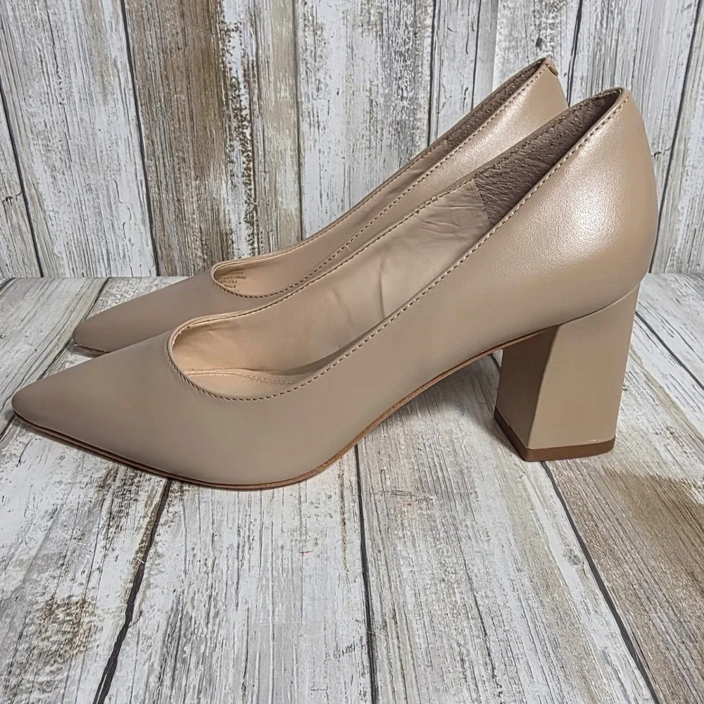 Marc Fisher LTD Zala Block Heel Pointed Toe Pumps Tan Beige Leather 5M
